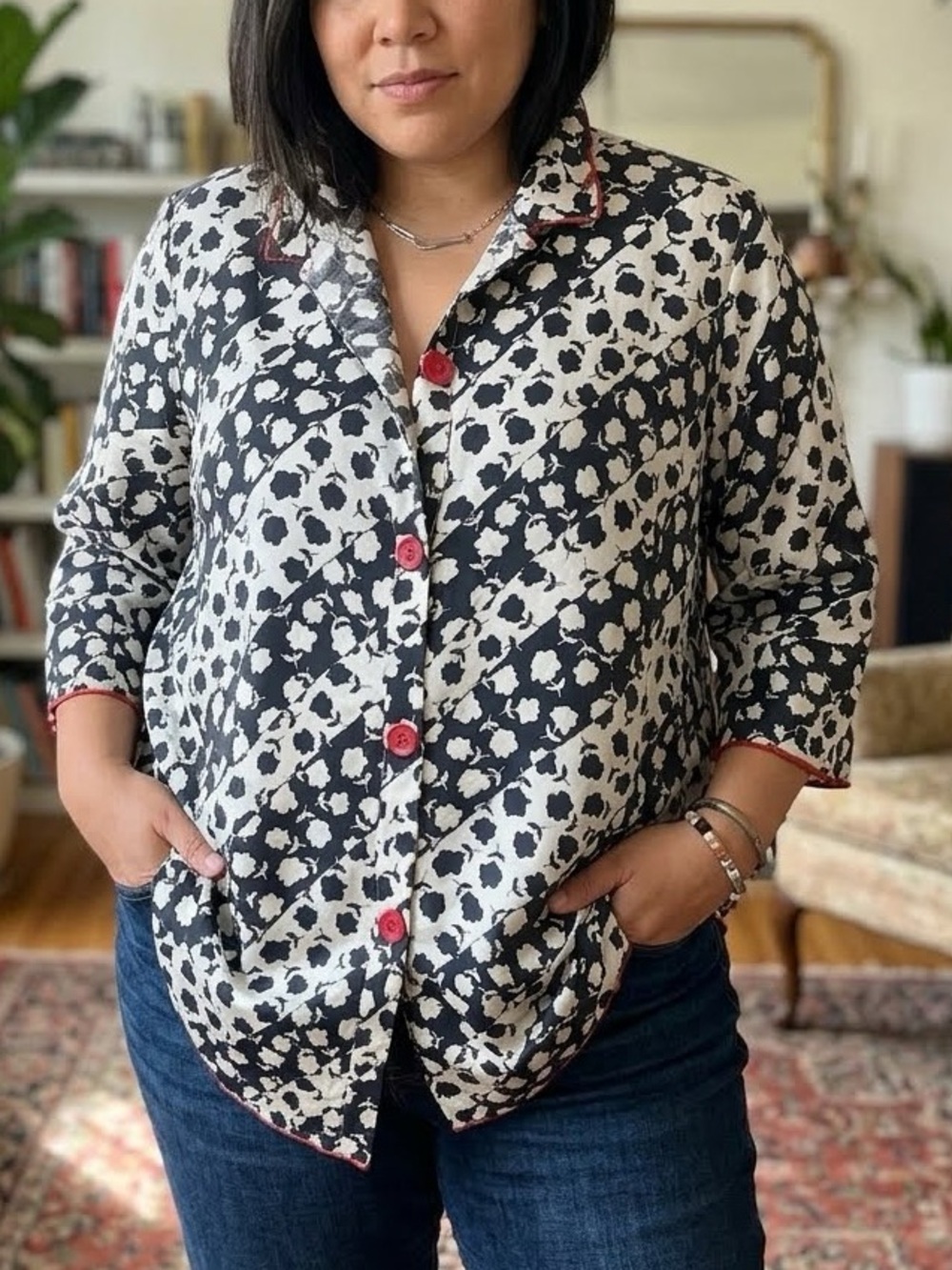 NWT Creation Floral Button Up Top Jacket Shacket Black White Pink Size Large